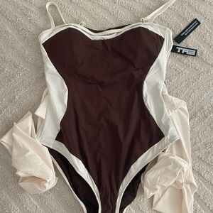 Brown and Cream Women's One Piece Swimsuit